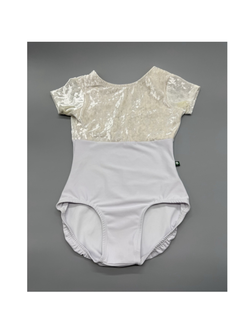 Luckyleo Dancewear Women's Short Sleeve White Velvet Accent Leotard